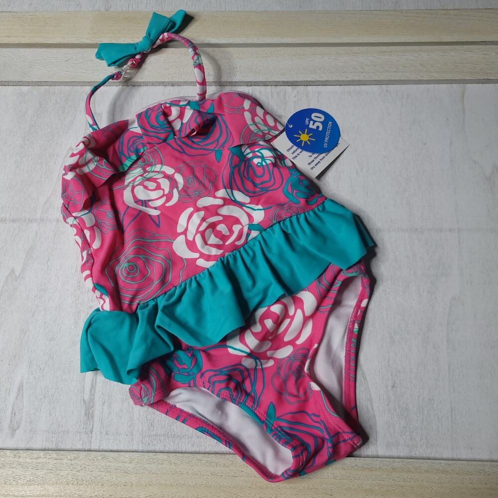 Girls 24m One Piece Toddler Swimsuit Pink And Teal Ruffled UV Sun Protection New